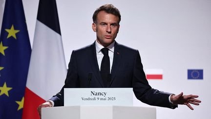 Le président français Emmanuel Macron à Nancy (Meurthe-et-Moselle), le 9 mai 2025. (CHRISTOPHE PETIT TESSON / AFP)