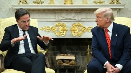 Le chef de l'Otan, Mark Rutte, et le président américain, Donald Trump, dans le Bureau ovale de la Maison Blanche, à Washington, le 13 mars 2025. (MANDEL NGAN / AFP)