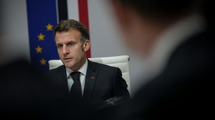 Emmanuel Macron during a defense council at the Elysée, on March 1, 2026. (AURELIEN MORISSARD / AFP)