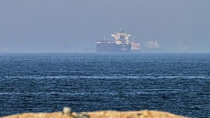 Des cargos situés près du détroit d’Ormuz, au large des Emirats arabes unis, le 1er mai 2026. (FATIMA SHBAIR / AP / SIPA)